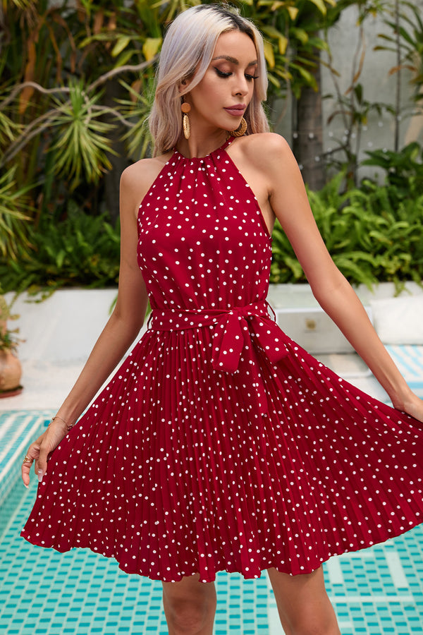 Polka Dots Print Bouffant Knot Waist Mini Dress