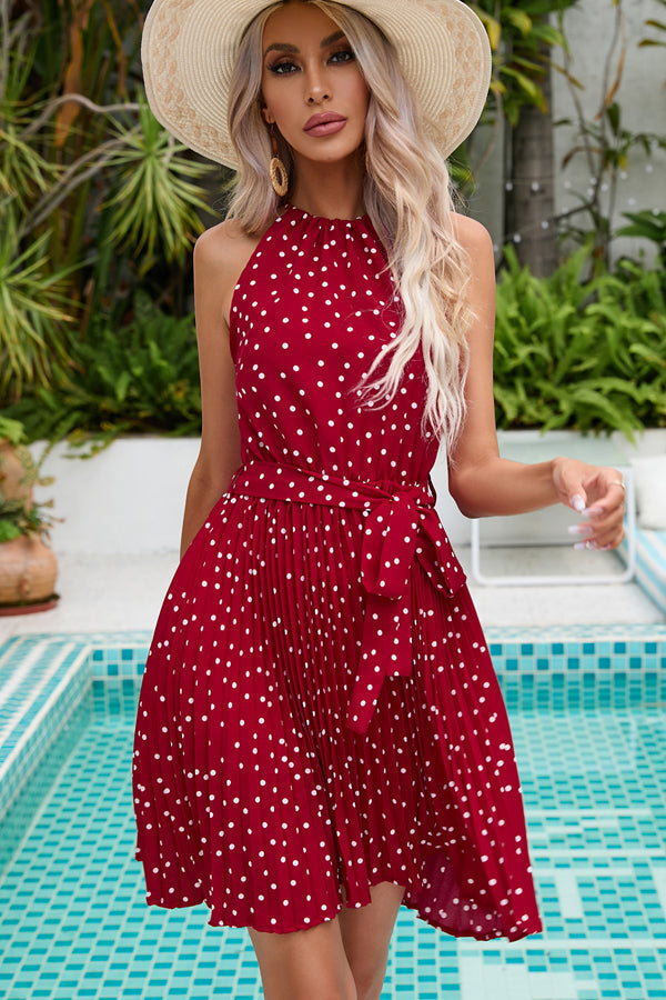 Polka Dots Print Bouffant Knot Waist Mini Dress