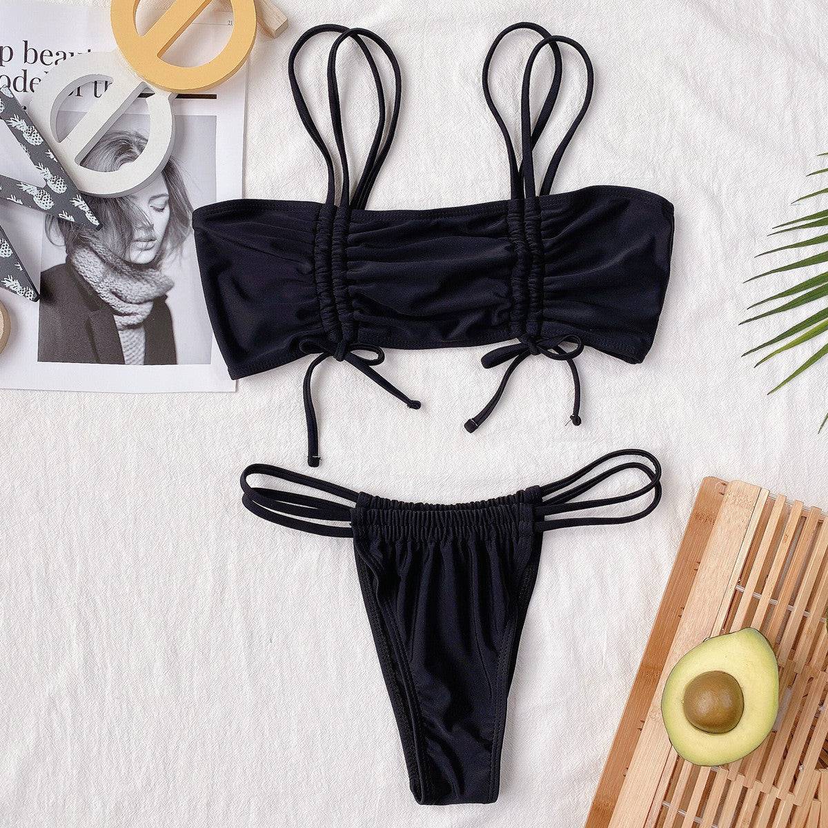 2PC Black Ruched Strings Thong Swimwear Areous