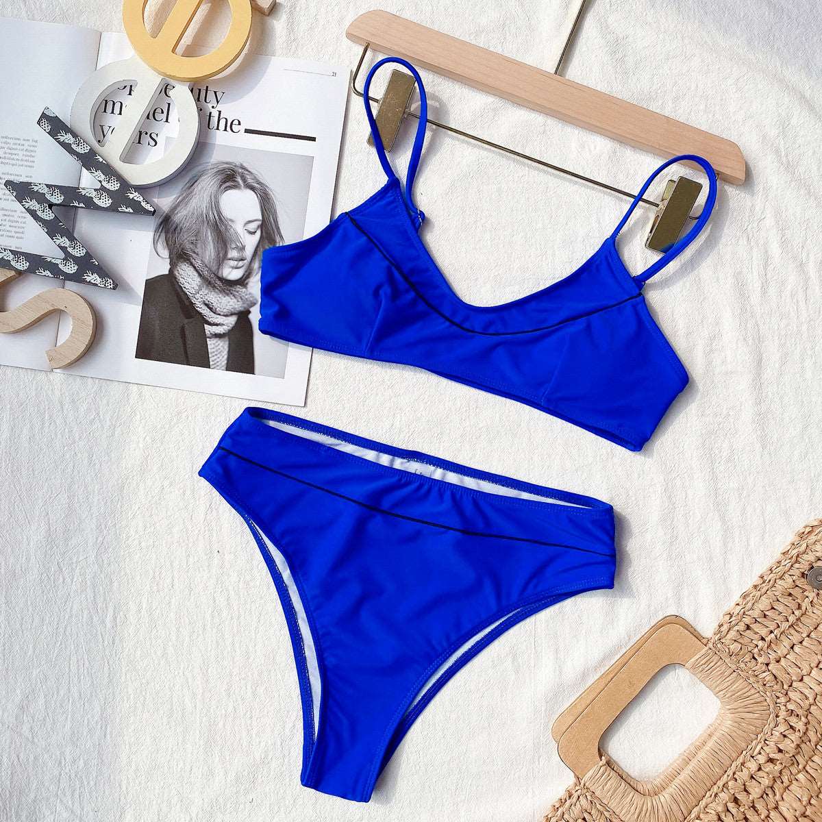 2PC Blue Simple Middle Waist Strap Swimwear Areous