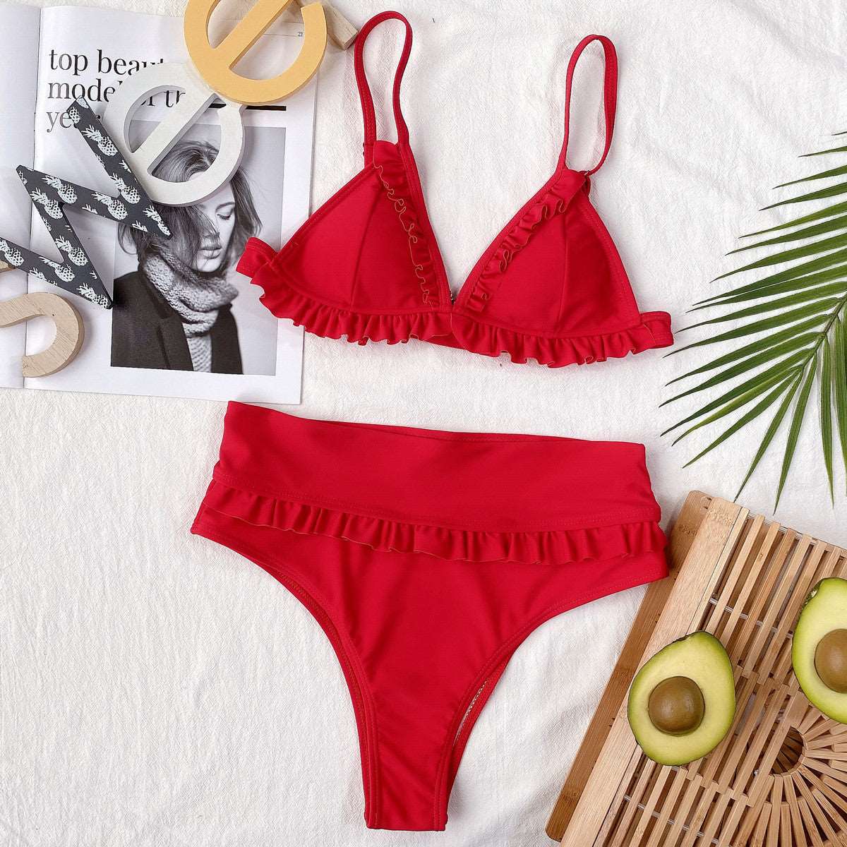 2PC Red High Waist Ruffle Swimwear Areous