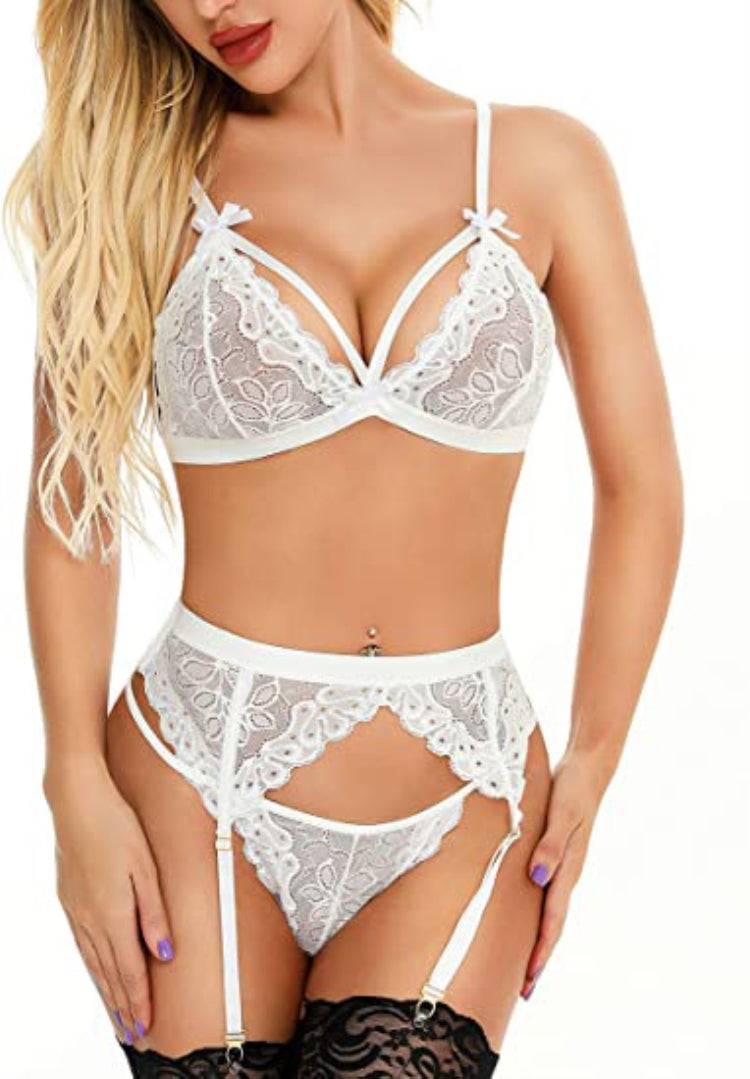 3PC White Lace Galter Lingerie Set Areous