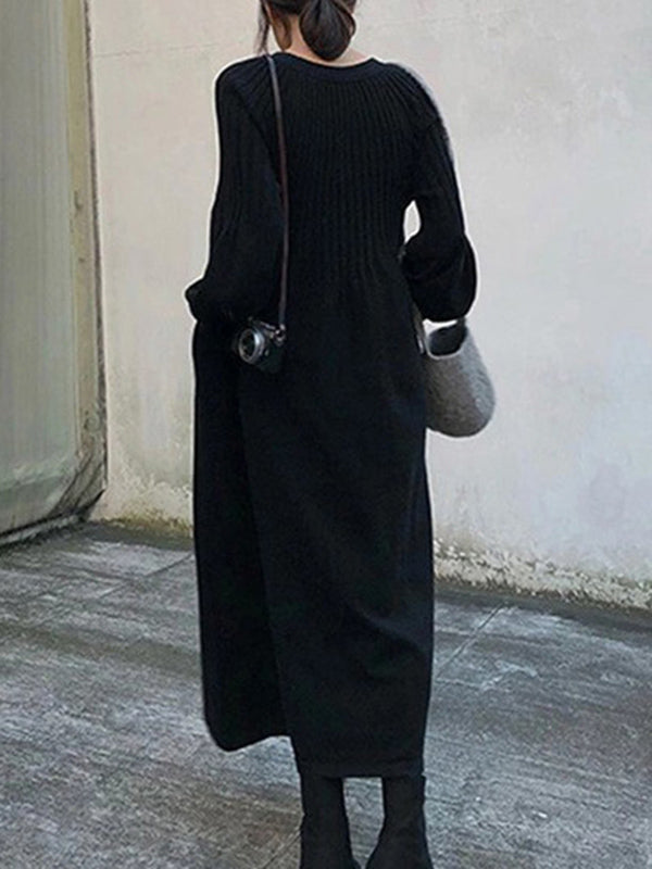 Causal Loose Solid Color Pleated V-Neck Long Puff Sleeves Sweater Dress