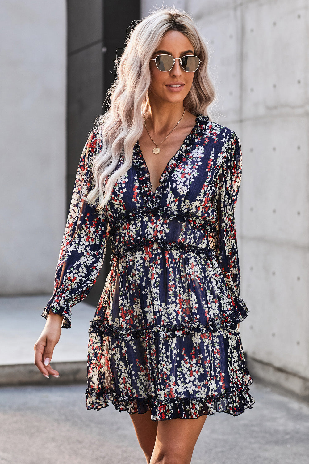 Classy Floral Frill Trim Plunge Flounce Sleeve Mini Dress