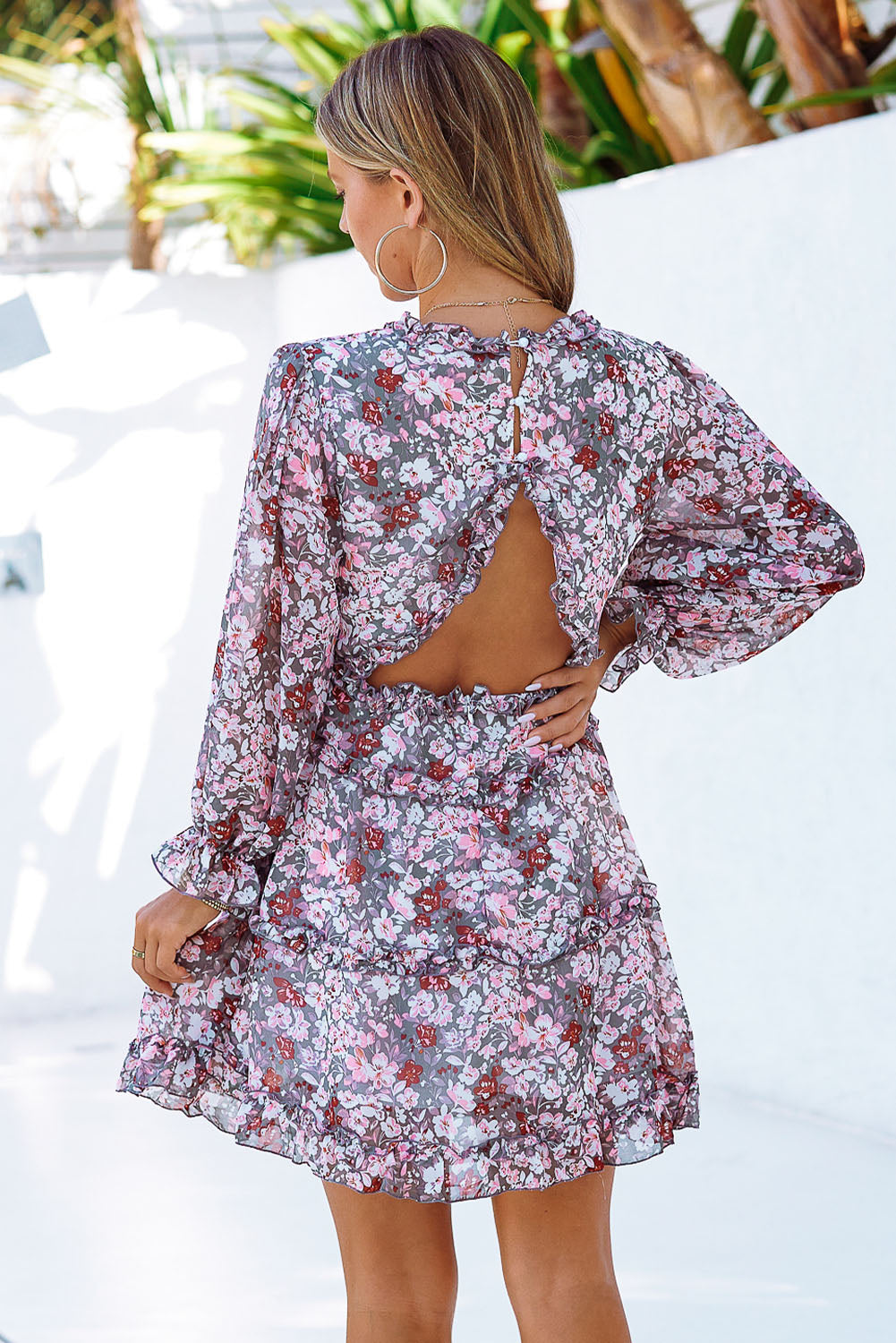 Classy Floral Frill Trim Plunge Flounce Sleeve Mini Dress