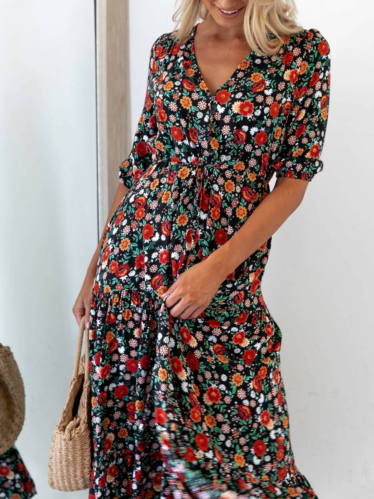 Black Short Sleeve Casual Weaving Dress Flower dress