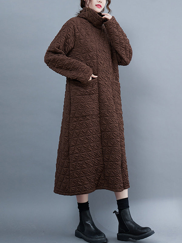 Casual Long Sleeves Loose Solid Color Textured High-Neck Cotton Padded Midi Dresses