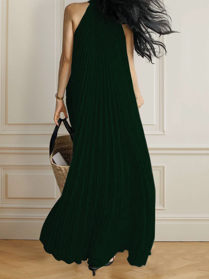 A-Line Sleeveless Pleated Solid Color Halter-Neck Maxi Dresses