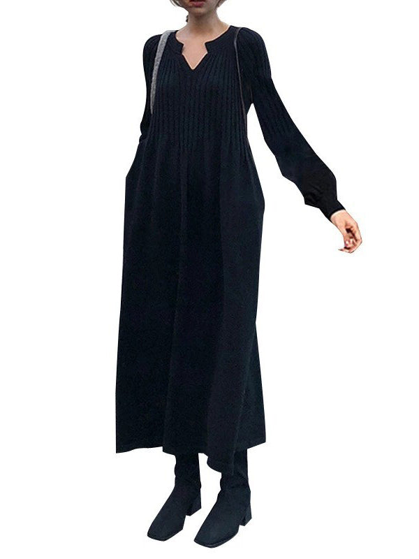 Causal Loose Solid Color Pleated V-Neck Long Puff Sleeves Sweater Dress