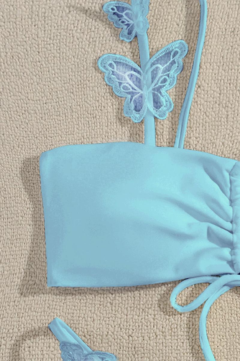 Baby Blue Butterfly Accent Ruched Two Piece Bikini Areous