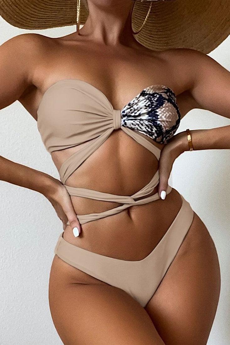 Beige Snake Print Strappy Two Piece Swimsuit Areous