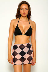 Black Beige Checkered Print Three Piece Swimsuit Areous