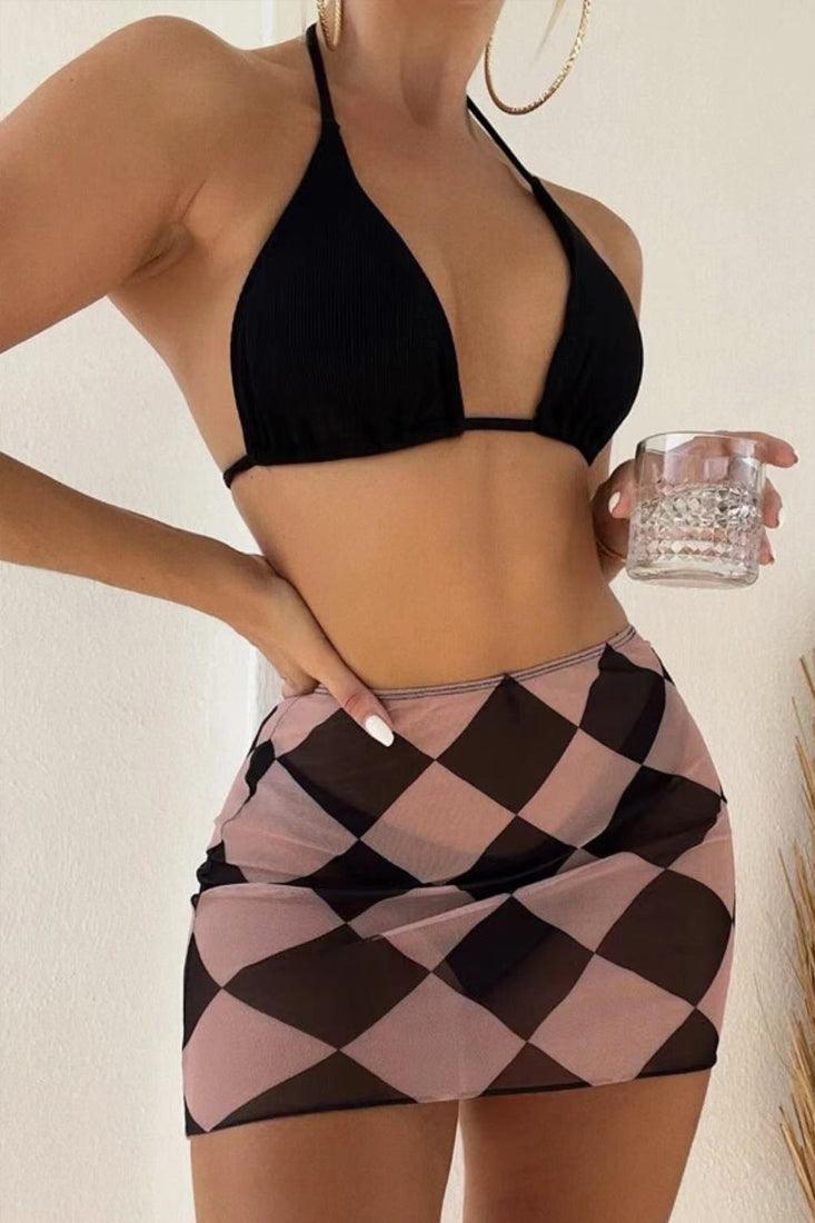 Black Beige Checkered Print Three Piece Swimsuit Areous