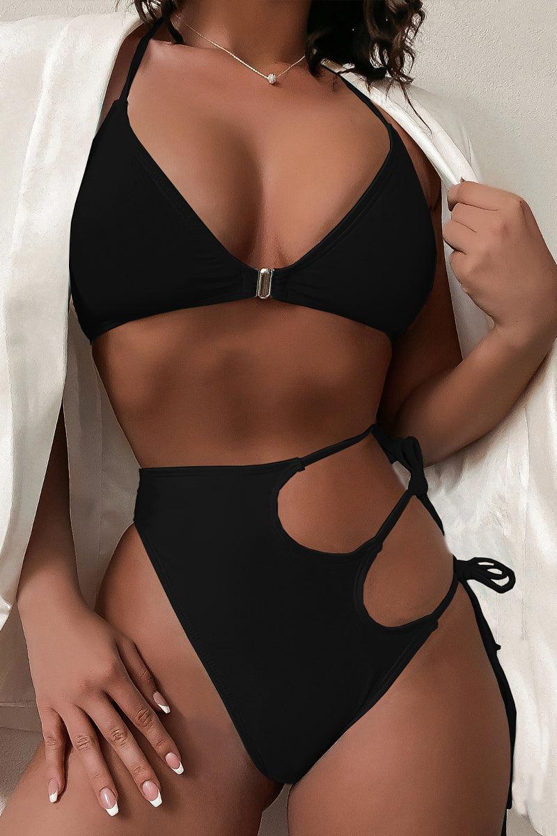 Black Cut Out Two Piece Swimsuit Areous