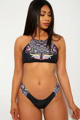 Black Ethnic Print Halter Two Piece Swimsuit Areous