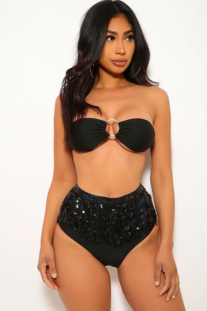 Black Fringe Sequins Bandeau Two Piece Swimsuit Areous