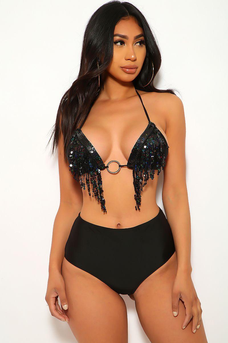 Black Fringe Sequins Two Piece Swimsuit Areous