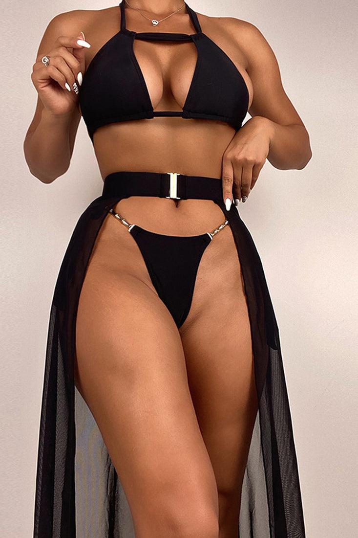 Black Gold Chain Accent Three Piece Swimsuit Areous