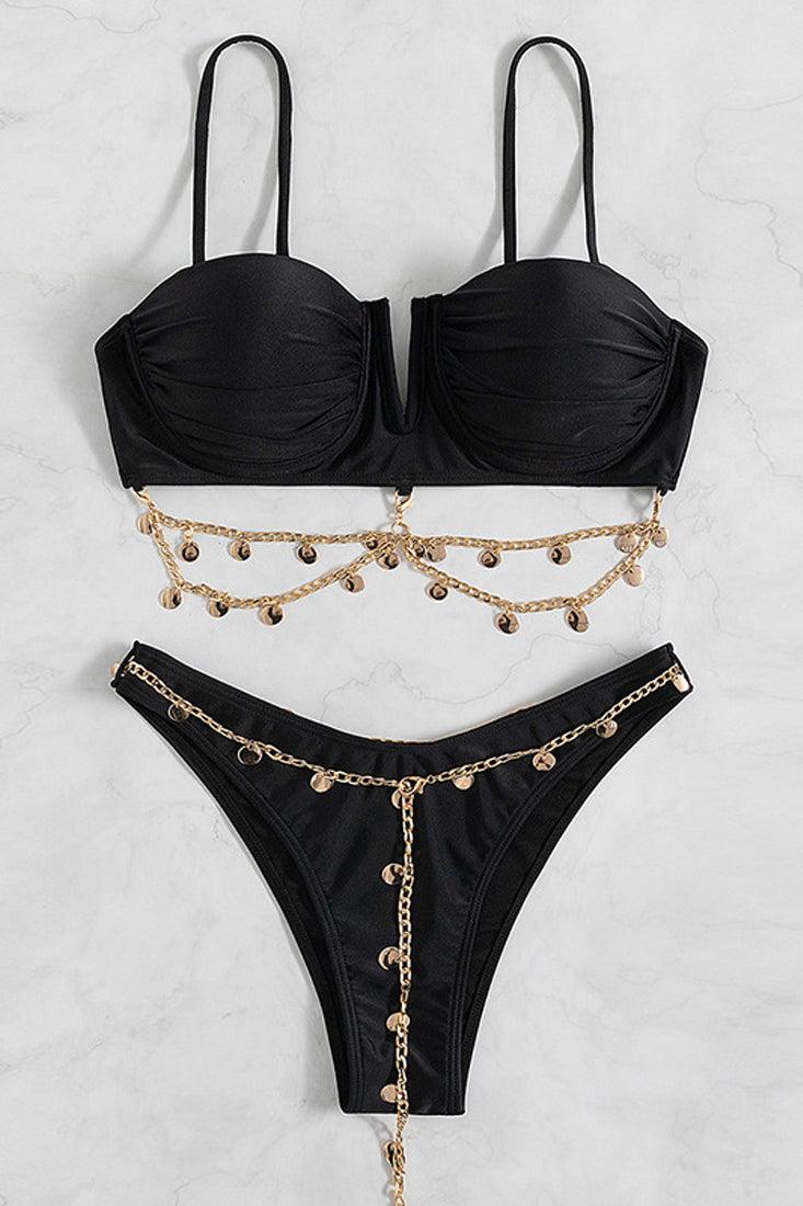 Black Gold Chain Accent Two Piece Swimsuit Areous