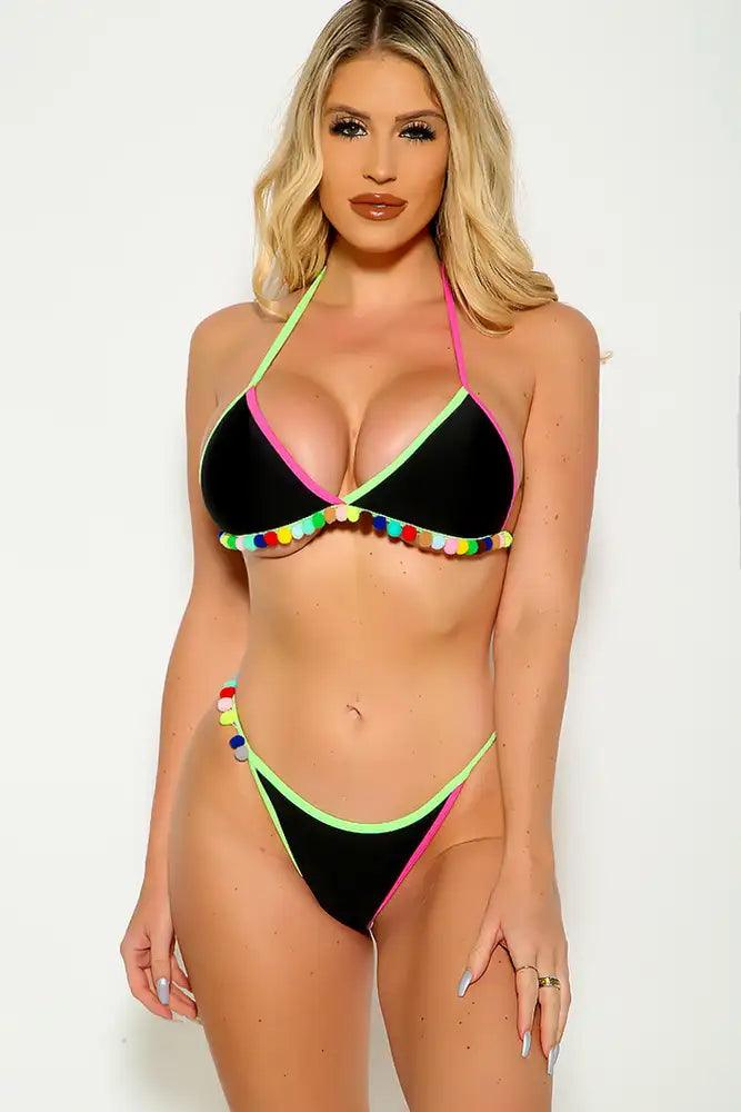 Black Green Color Block High Neck Padded Two Piece Swimsuit Areous