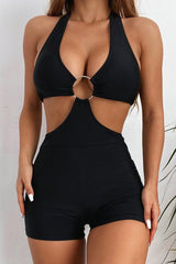 Black Halter Cut out-O-ring One Piece Swimsuit Areous