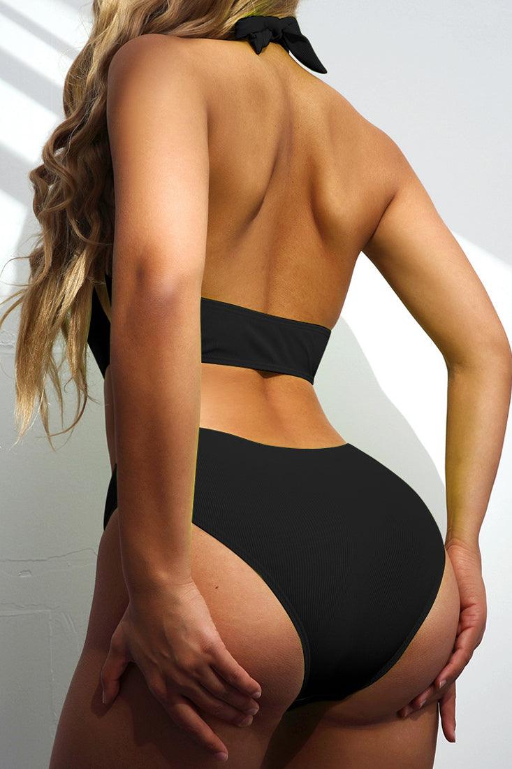 Black Halter O-RIng Accent 1pc Swimsuit Areous