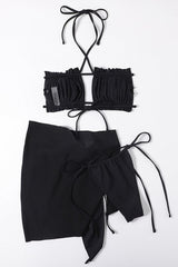 Black Halter Ruffled Three Piece Swimsuit Areous