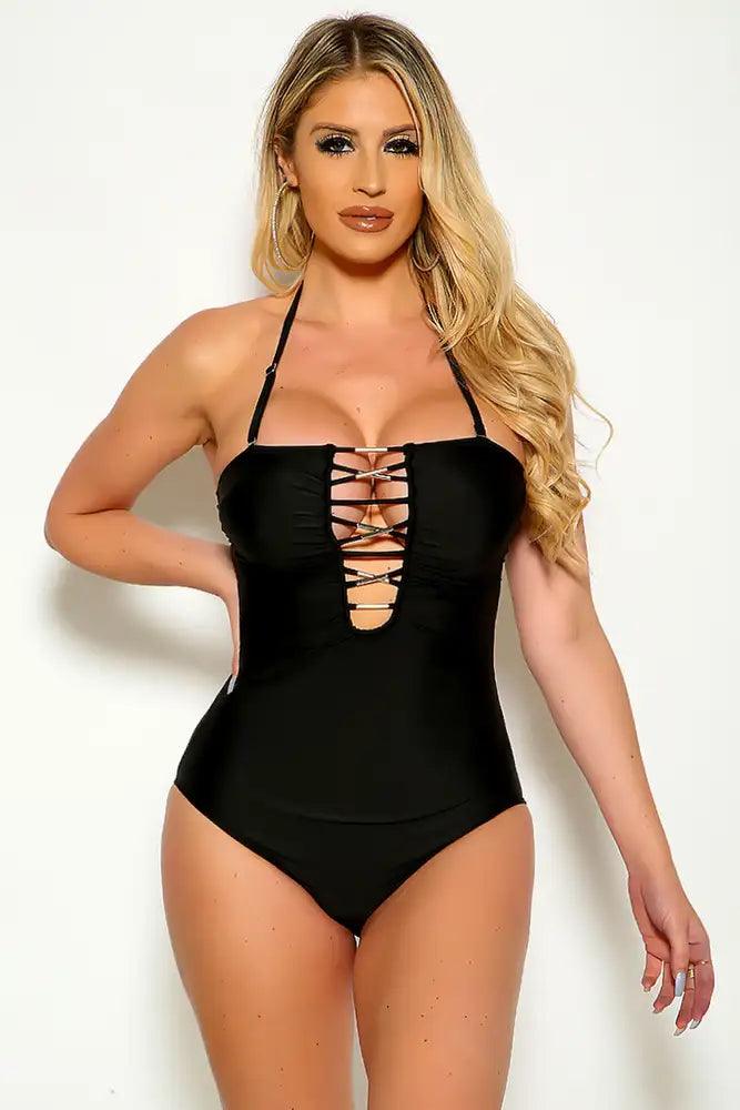 Black High Polish Metal Accent One Piece Swimsuit Areous