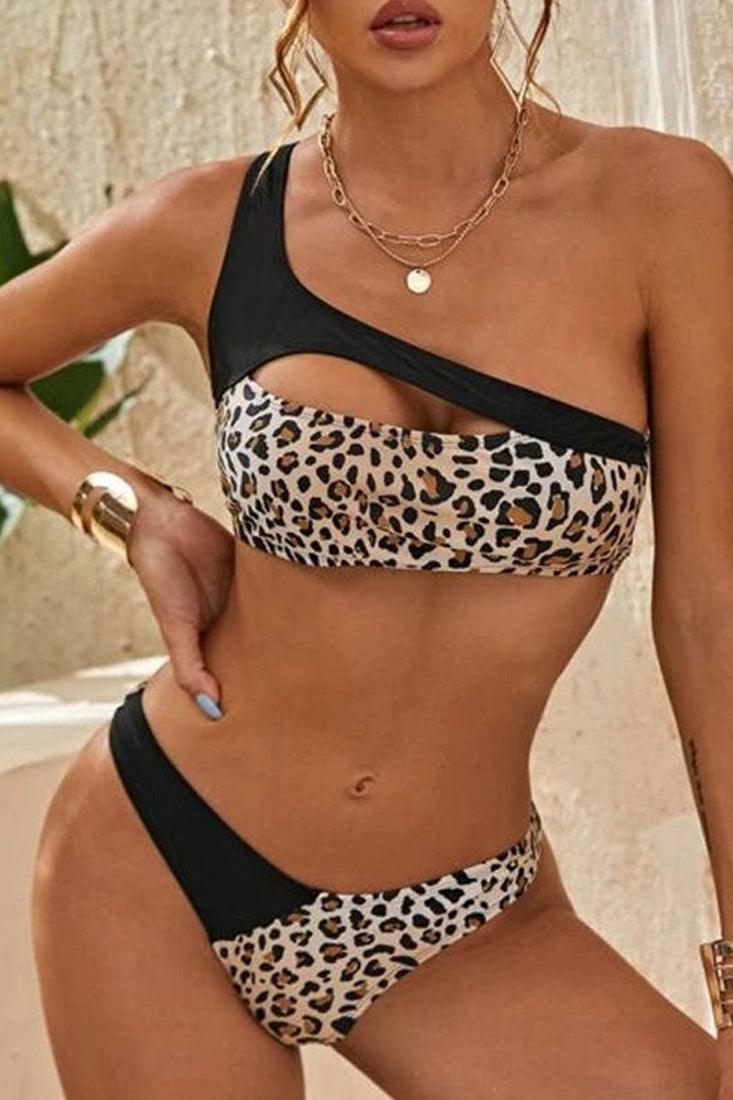 Black Leopard Print Cut Out Two Piece Swimsuit Areous