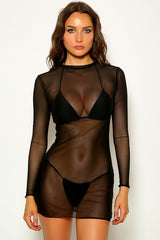 Black Mesh Halter Three Piece Swimsuit Areous