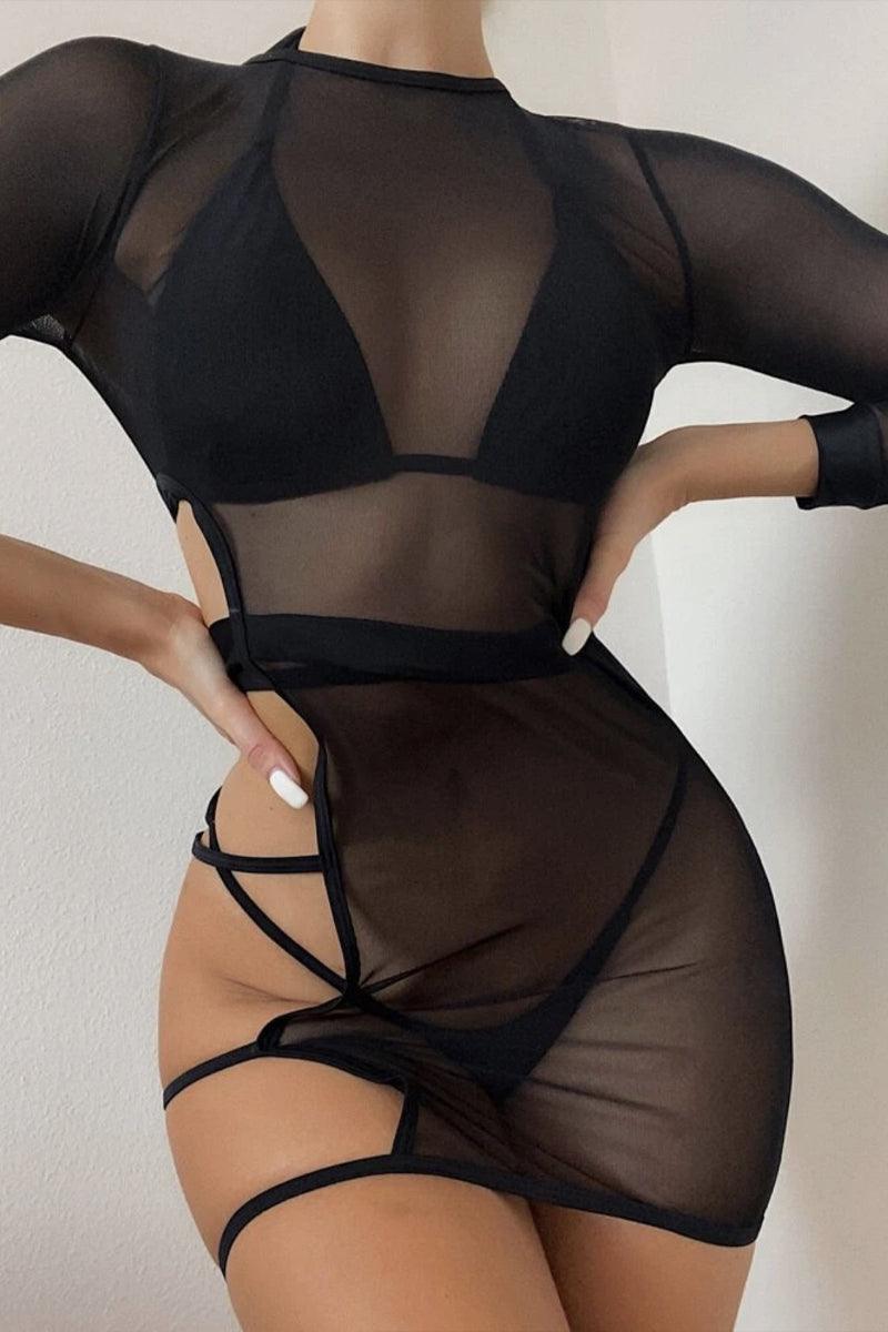 Black Mesh Long Sleeve Cut Out Three Piece Swimsuit Areous