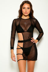 Black Mesh Long Sleeve Cut Out Three Piece Swimsuit Areous