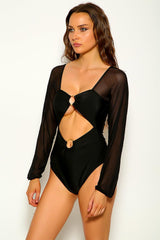 Black Mesh Long Sleeve O-Ring One Piece Swimsuit Areous