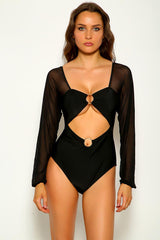 Black Mesh Long Sleeve O-Ring One Piece Swimsuit Areous