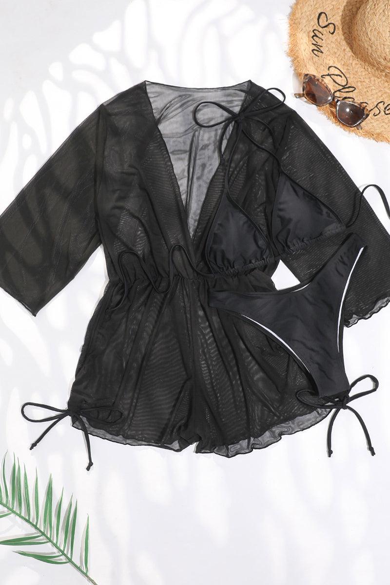 Black Mesh Long Sleeve Three Piece Swimsuit Areous