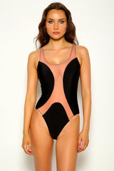 Black Nude Mesh Sleeveless One Piece Swimsuit Areous