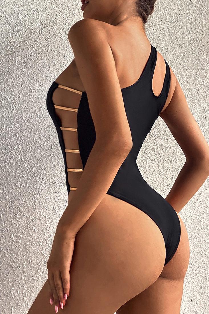 Black One Shoulder Cut Out One Piece Swimsuit Areous