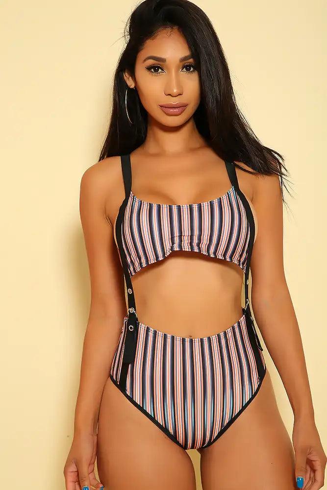 Black Orange Stripe Pattern Padded One Piece Monokini Areous