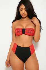 Black Red Crochet Bandeau Two Tone High Waist Two Piece Swimsuit Areous