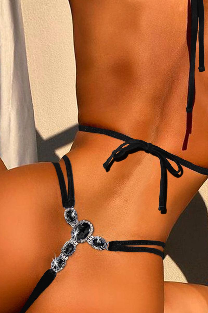 Black Rhinestone Back Accent Two Piece Swimsuit Areous