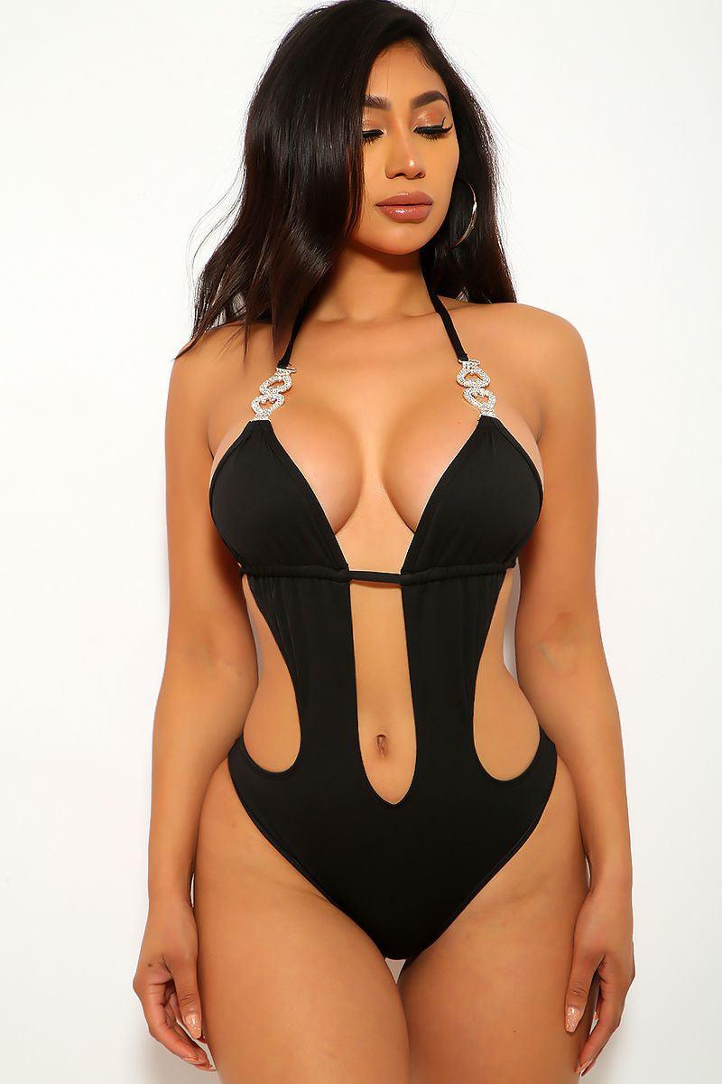 Black Rhinestones Cut Out Monokini Areous