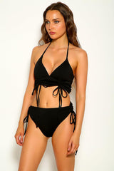 Black Ruched V-Cut Two Piece Swimsuit Areous