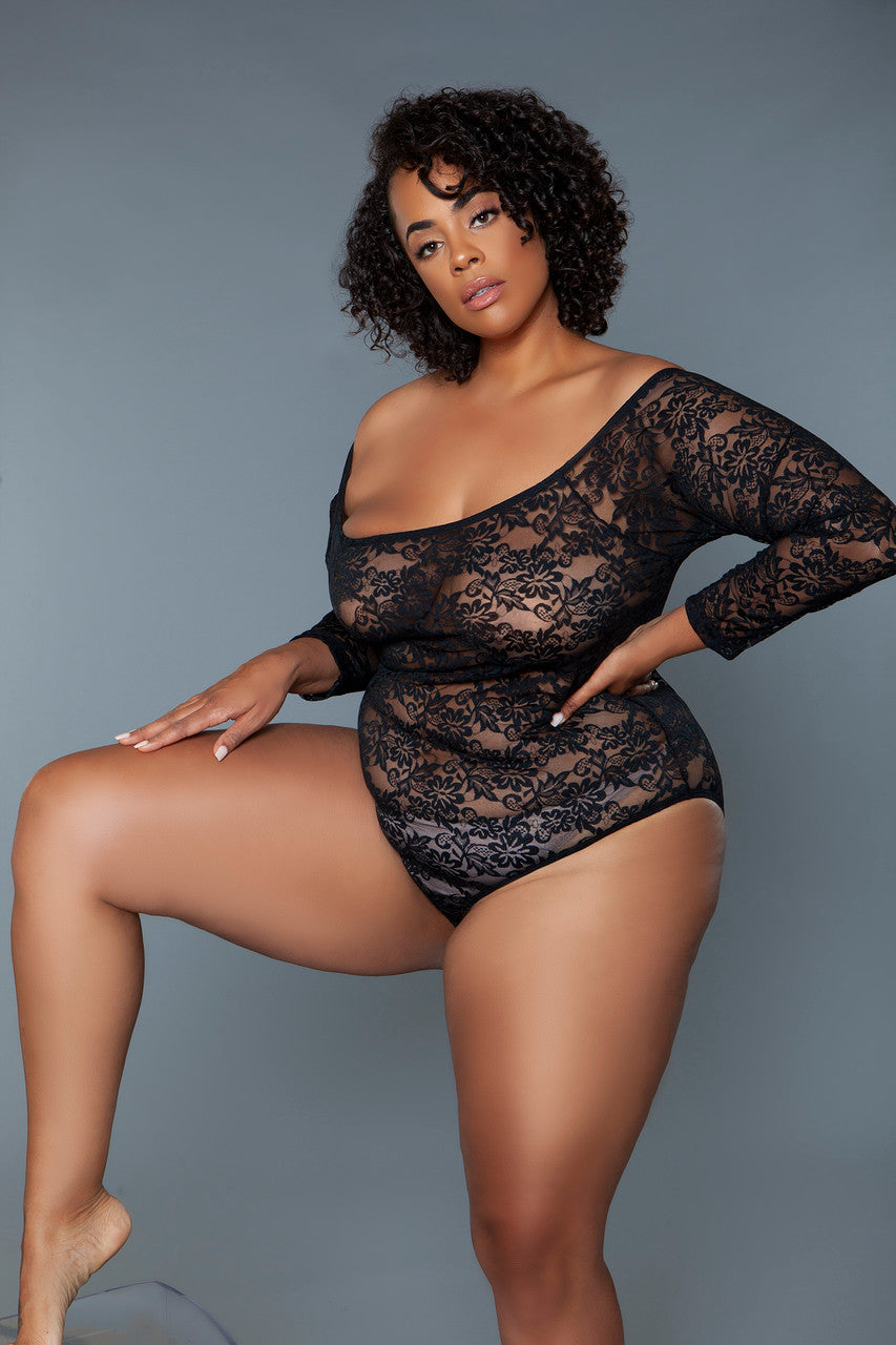 Black Scooped Neck Long Sleeves Bodysuit | Plus Size Areous