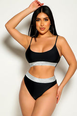 Black Shimmery Mid Rise Two Piece Swimsuit Areous