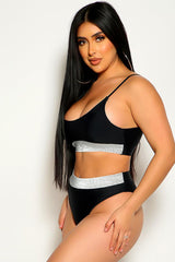 Black Shimmery Mid Rise Two Piece Swimsuit Areous