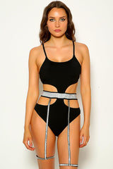 Black Silver Shimmery Cut Out One Piece Swimsuit Areous