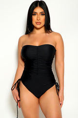 Black Strapless Ruched One Piece Swimsuit Areous