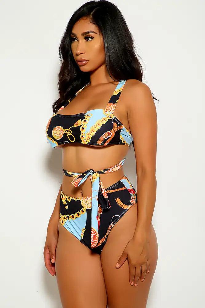 Black Strappy Graphic Print Two Piece Swimsuit Areous