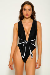 Black Strappy V-Cut One Piece Swimsuit Areous