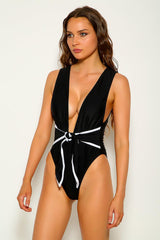 Black Strappy V-Cut One Piece Swimsuit Areous